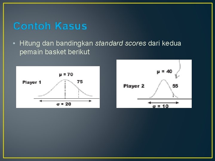 Contoh Kasus • Hitung dan bandingkan standard scores dari kedua pemain basket berikut 