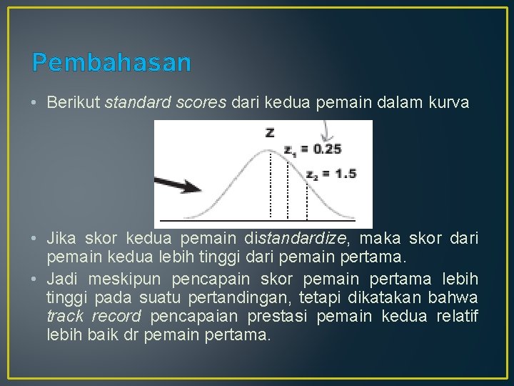 Pembahasan • Berikut standard scores dari kedua pemain dalam kurva • Jika skor kedua