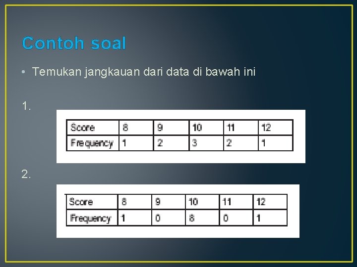 Contoh soal • Temukan jangkauan dari data di bawah ini 1. 2. 