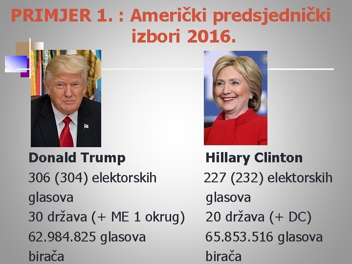 PRIMJER 1. : Američki predsjednički izbori 2016. Donald Trump Hillary Clinton 306 (304) elektorskih
