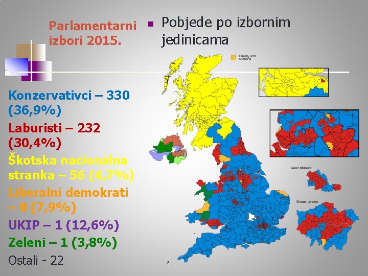 Parlamentarni izbori 2015. Konzervativci – 330 (36, 9%) Laburisti – 232 (30, 4%) Škotska