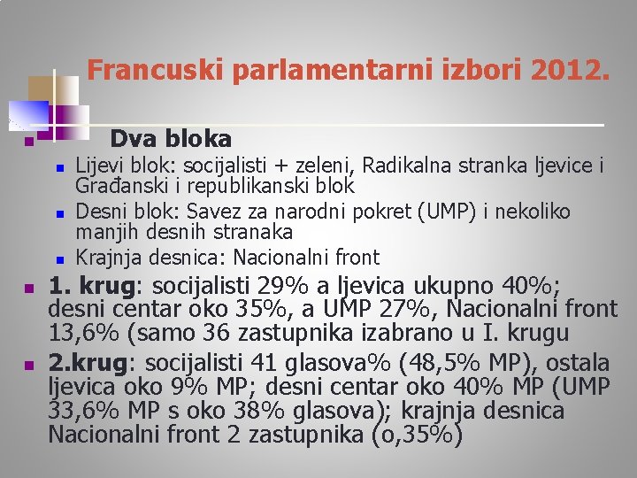 Francuski parlamentarni izbori 2012. n Dva bloka n n n Lijevi blok: socijalisti +