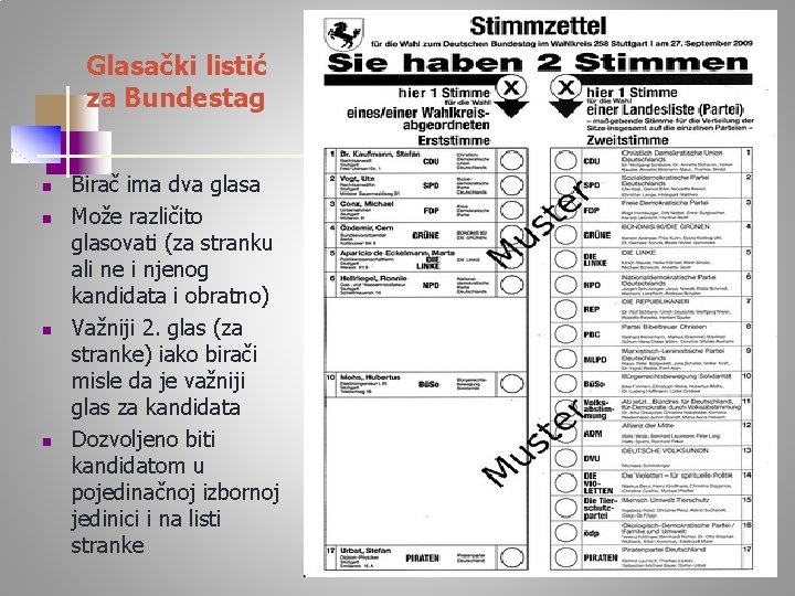 Glasački listić za Bundestag n n Birač ima dva glasa Može različito glasovati (za
