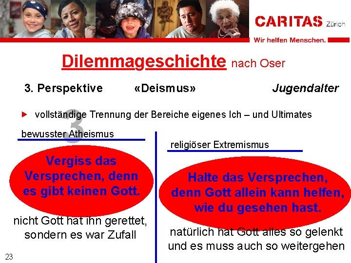 Dilemmageschichte nach Oser 3. Perspektive «Deismus» 3 Jugendalter vollständige Trennung der Bereiche eigenes Ich