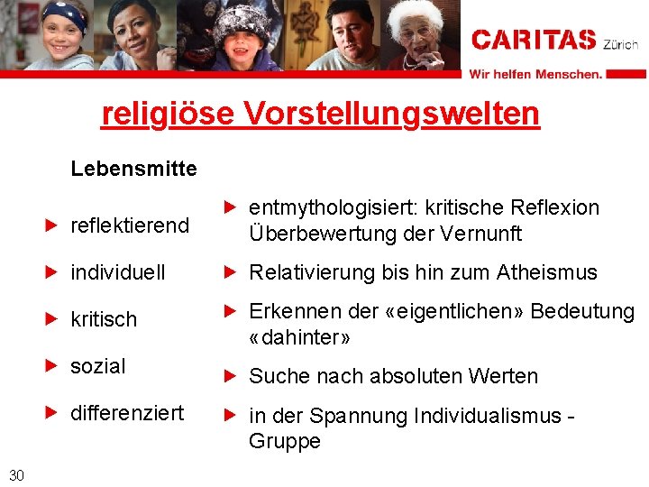 religiöse Vorstellungswelten Lebensmitte 30 reflektierend entmythologisiert: kritische Reflexion Überbewertung der Vernunft individuell Relativierung bis