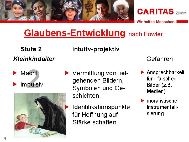 Glaubens-Entwicklung nach Fowler Stufe 2 intuitv-projektiv Kleinkindalter 2 Macht impulsiv Gefahren Vermittlung von tiefgehenden