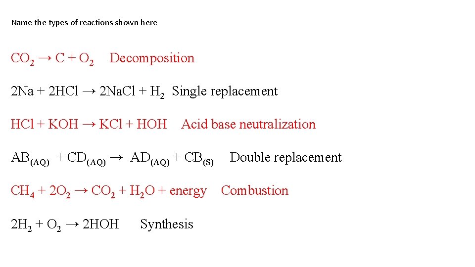 Name the types of reactions shown here CO 2 → C + O 2