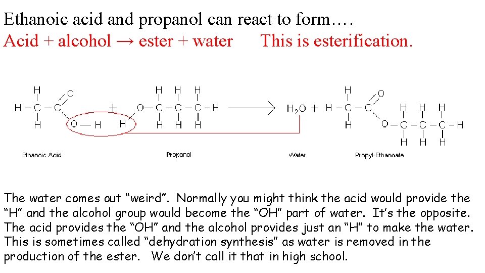 Ethanoic acid and propanol can react to form…. Acid + alcohol → ester +