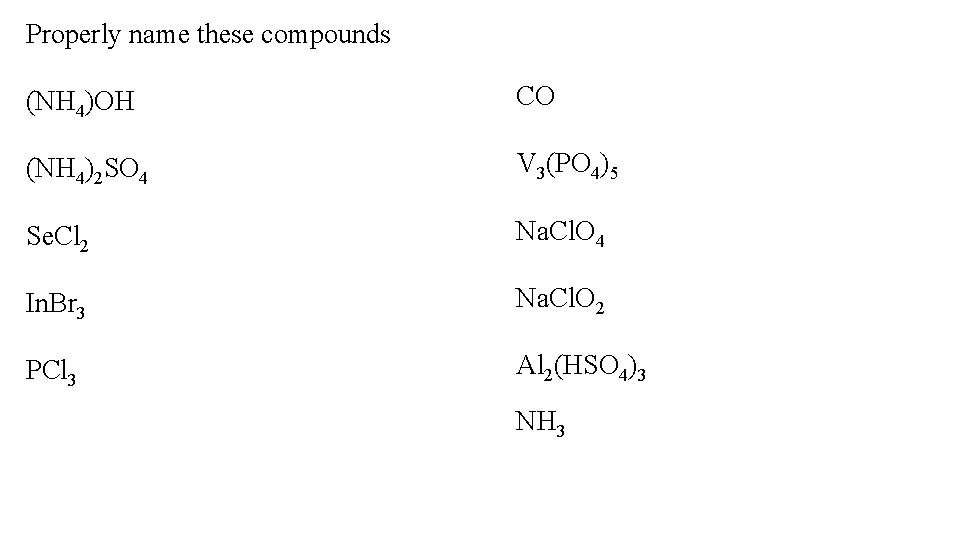 Properly name these compounds (NH 4)OH CO (NH 4)2 SO 4 V 3(PO 4)5