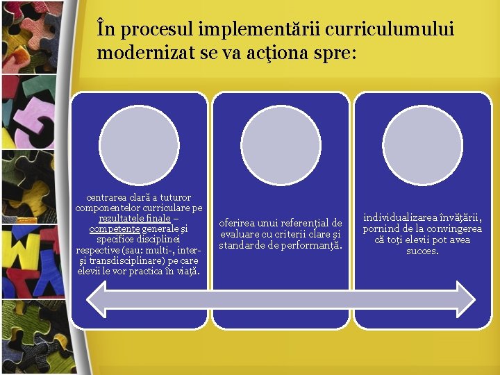 În procesul implementării curriculumului modernizat se va acţiona spre: centrarea clară a tuturor componentelor