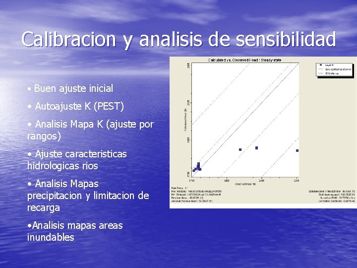 Calibracion y analisis de sensibilidad • Buen ajuste inicial • Autoajuste K (PEST) •