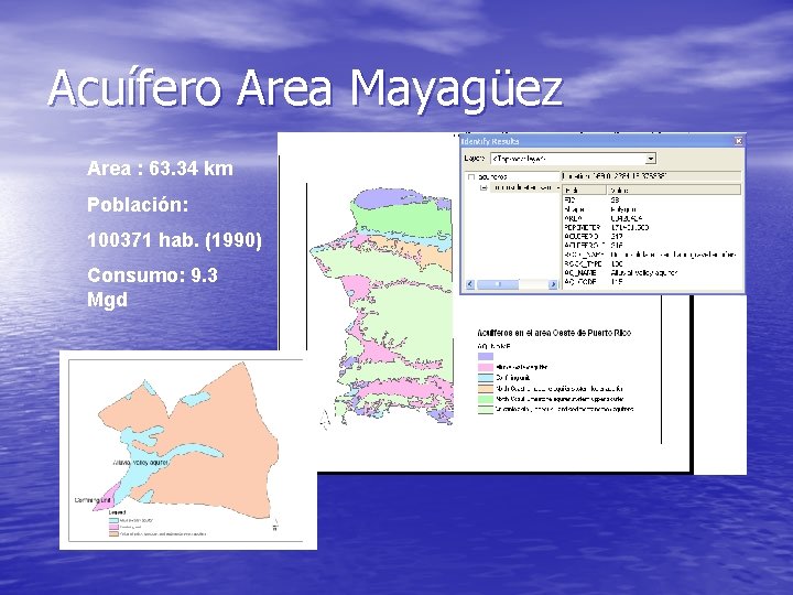 Acuífero Area Mayagüez Area : 63. 34 km Población: 100371 hab. (1990) Consumo: 9.