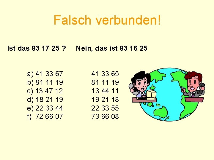 Falsch verbunden! Ist das 83 17 25 ? a) 41 33 67 b) 81