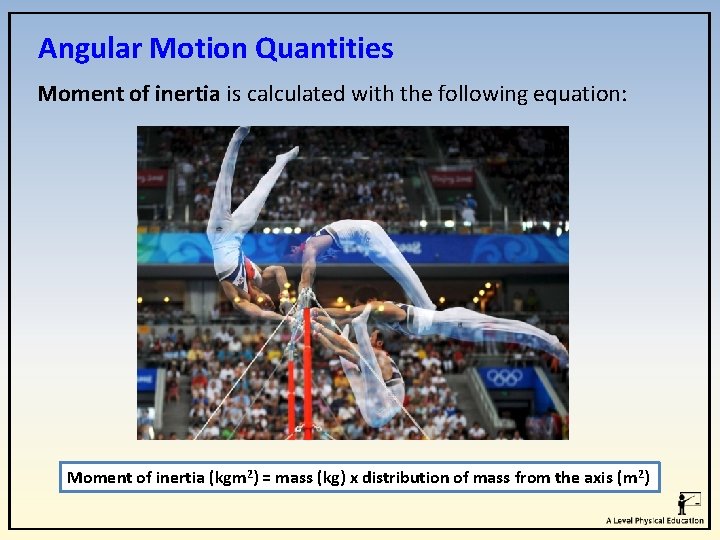Angular Motion Quantities Moment of inertia is calculated with the following equation: Moment of Angular Motion Quantities Moment of inertia is calculated with the following equation: Moment of