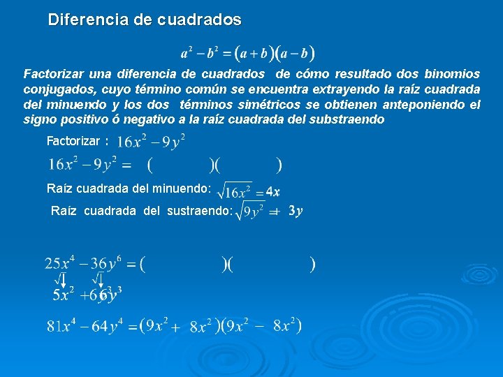 Diferencia de cuadrados Factorizar una diferencia de cuadrados de cómo resultado dos binomios conjugados,