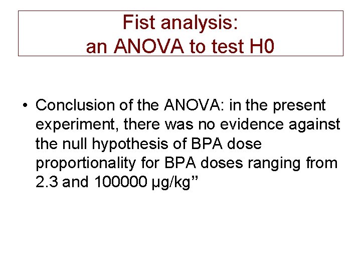 Fist analysis: an ANOVA to test H 0 • Conclusion of the ANOVA: in