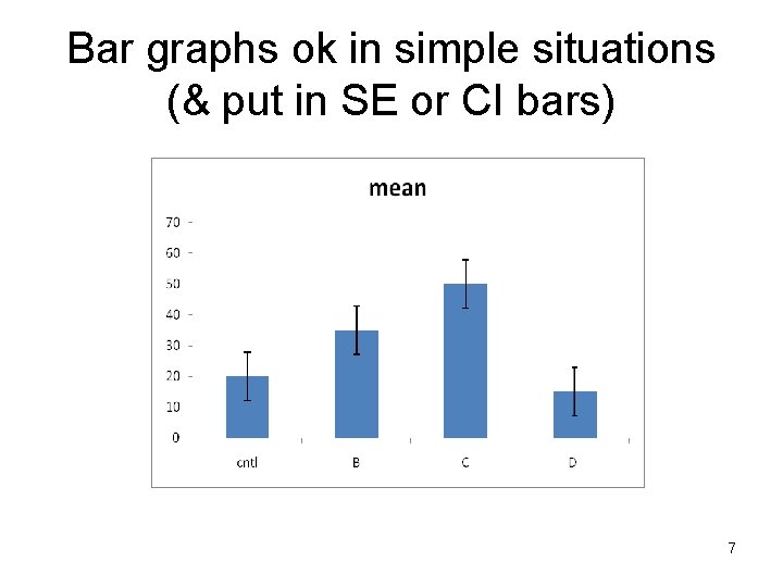 Bar graphs ok in simple situations (& put in SE or CI bars) 7