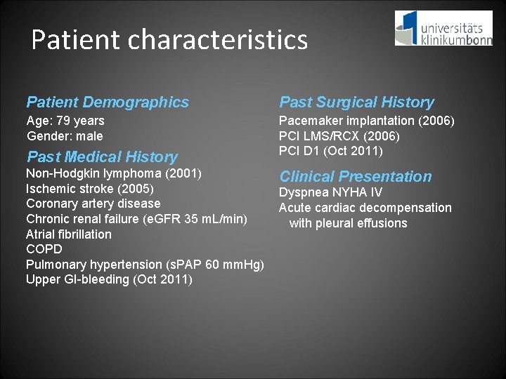 Patient characteristics Patient Demographics Past Surgical History Age: 79 years Gender: male Pacemaker implantation