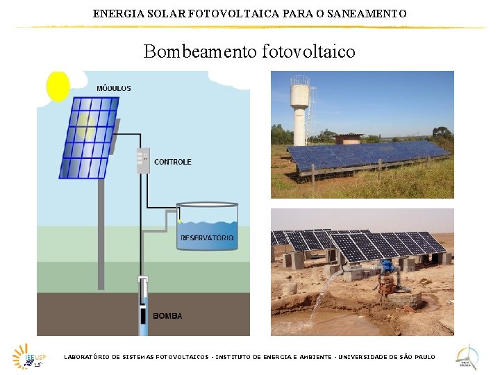 ENERGIA SOLAR FOTOVOLTAICA PARA O SANEAMENTO Bombeamento fotovoltaico LABORATÓRIO DE SISTEMAS FOTOVOLTAICOS - INSTITUTO