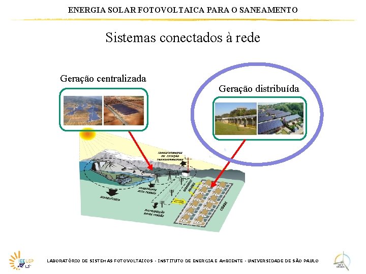ENERGIA SOLAR FOTOVOLTAICA PARA O SANEAMENTO Sistemas conectados à rede Geração centralizada Geração distribuída