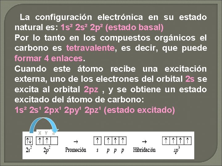 La configuración electrónica en su estado natural es: 1 s² 2 p² (estado basal)