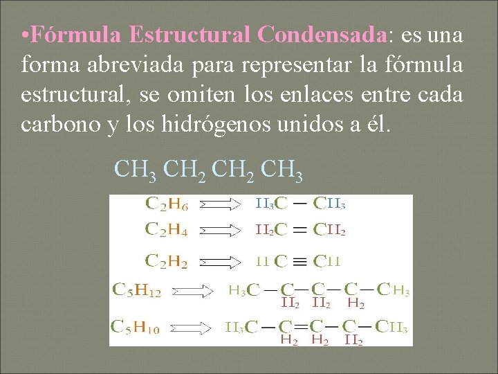  • Fórmula Estructural Condensada: es una forma abreviada para representar la fórmula estructural,