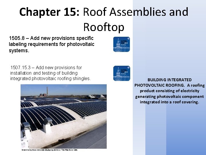 Chapter 15: Roof Assemblies and Rooftop 1505. 8 – Add new provisions specific labeling