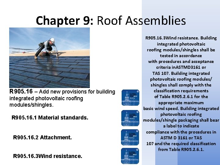 Chapter 9: Roof Assemblies R 905. 16 – Add new provisions for building integrated