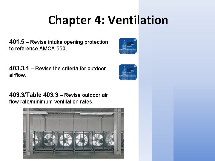 Chapter 4: Ventilation 401. 5 – Revise intake opening protection to reference AMCA 550.