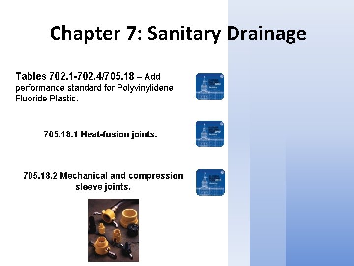 Chapter 7: Sanitary Drainage Tables 702. 1 -702. 4/705. 18 – Add performance standard