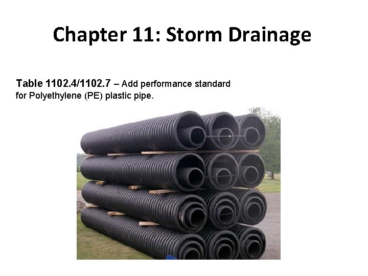 Chapter 11: Storm Drainage Table 1102. 4/1102. 7 – Add performance standard for Polyethylene
