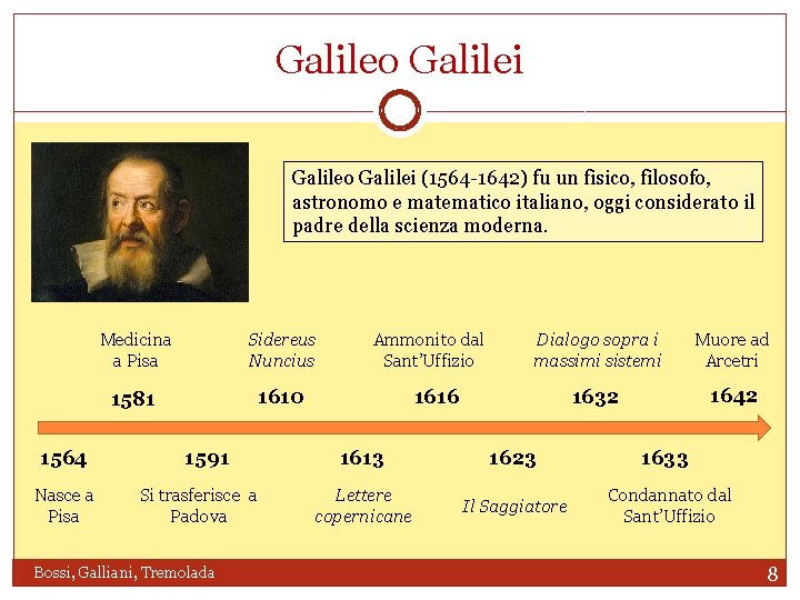 Galileo Galilei (1564 -1642) fu un fisico, filosofo, astronomo e matematico italiano, oggi considerato