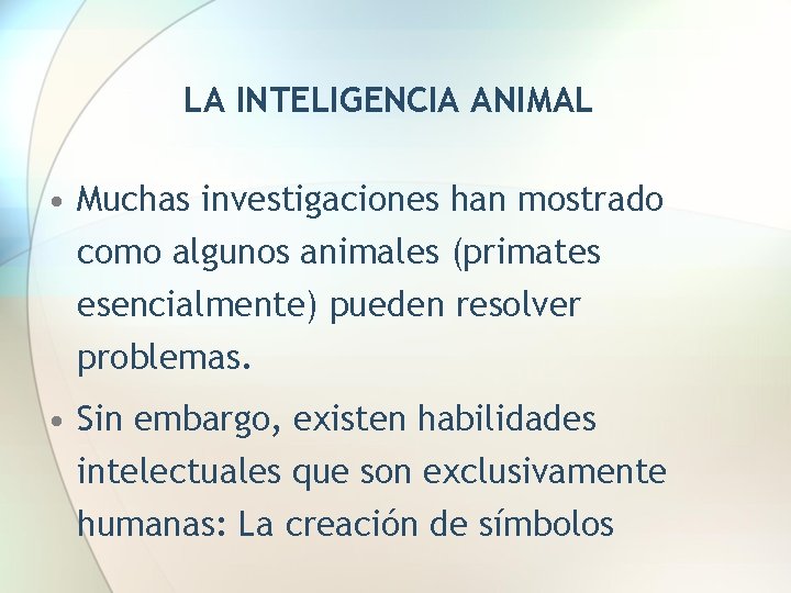LA INTELIGENCIA ANIMAL • Muchas investigaciones han mostrado como algunos animales (primates esencialmente) pueden