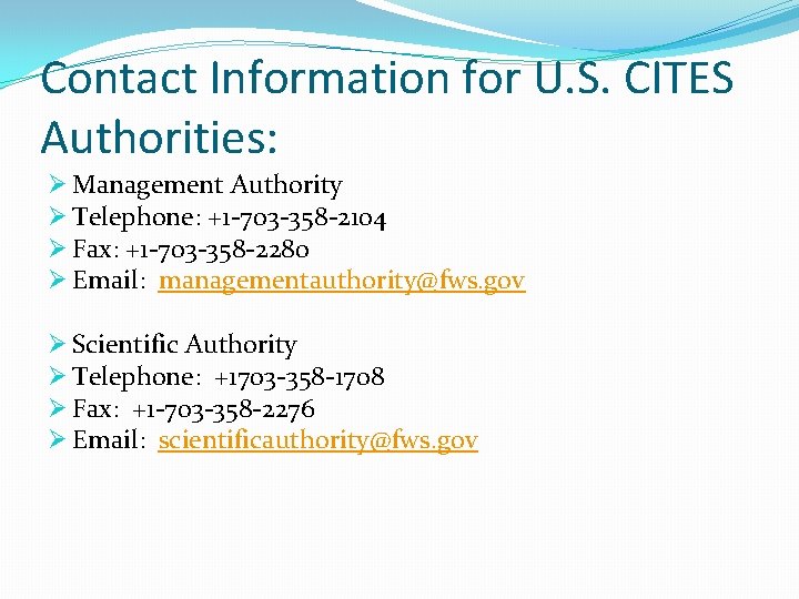 Contact Information for U. S. CITES Authorities: Ø Management Authority Ø Telephone: +1 -703