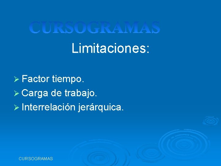 Limitaciones: Ø Factor tiempo. Ø Carga de trabajo. Ø Interrelación jerárquica. CURSOGRAMAS 