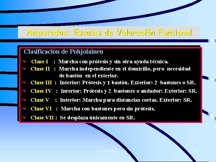 Amputados: Escalas de Valoración Funcional Clasificación de Pohjolainen E Clase I : Marcha con