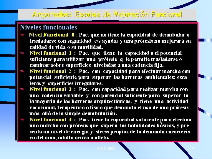 Amputados: Escalas de Valoración Funcional Niveles funcionales E E E Nivel Funcional 0 :