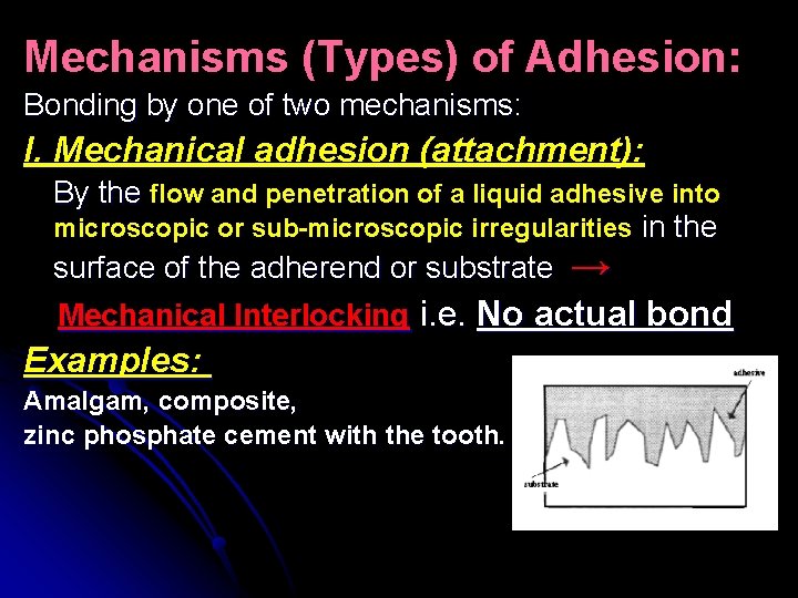 Mechanisms (Types) of Adhesion: Bonding by one of two mechanisms: I. Mechanical adhesion (attachment):