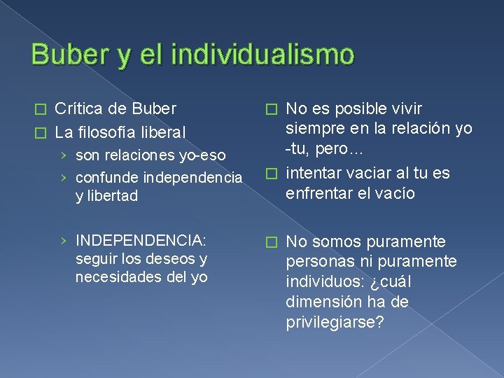 Buber y el individualismo Crítica de Buber � La filosofía liberal � › son