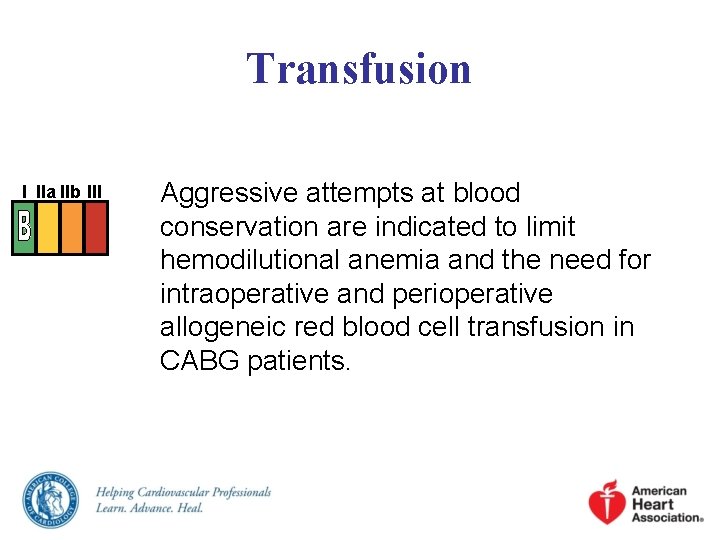 Transfusion I IIa IIb III Aggressive attempts at blood conservation are indicated to limit