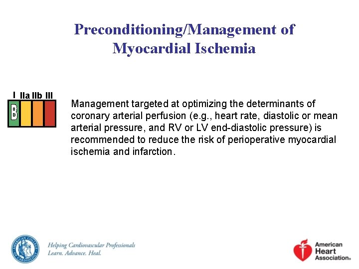 Preconditioning/Management of Myocardial Ischemia I IIa IIb III Management targeted at optimizing the determinants Preconditioning/Management of Myocardial Ischemia I IIa IIb III Management targeted at optimizing the determinants