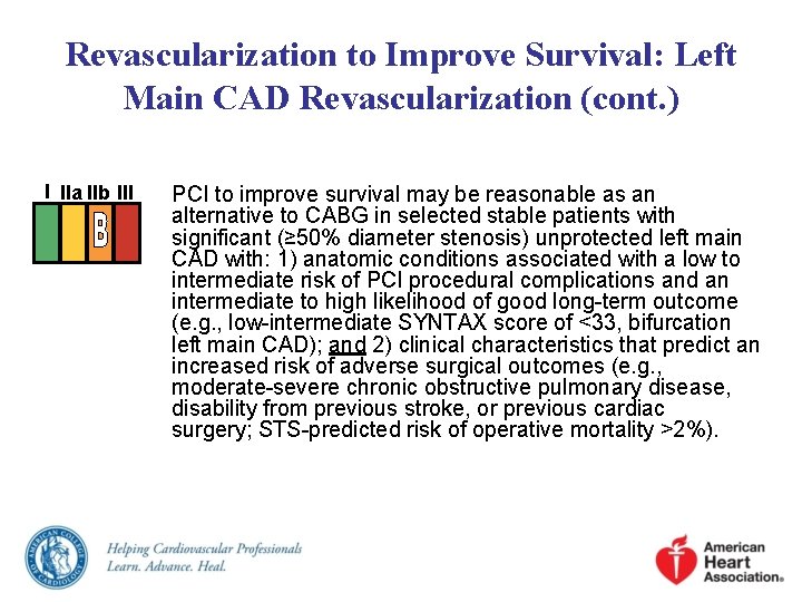Revascularization to Improve Survival: Left Main CAD Revascularization (cont. ) I IIa IIb III