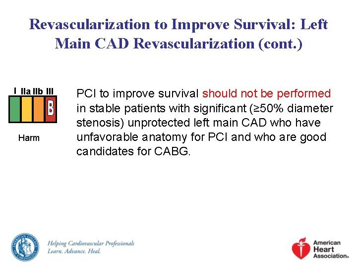 Revascularization to Improve Survival: Left Main CAD Revascularization (cont. ) I IIa IIb III Revascularization to Improve Survival: Left Main CAD Revascularization (cont. ) I IIa IIb III
