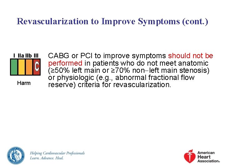 Revascularization to Improve Symptoms (cont. ) I IIa IIb III Harm CABG or PCI Revascularization to Improve Symptoms (cont. ) I IIa IIb III Harm CABG or PCI