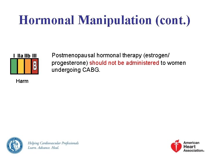 Hormonal Manipulation (cont. ) I IIa IIb III Harm Postmenopausal hormonal therapy (estrogen/ progesterone) Hormonal Manipulation (cont. ) I IIa IIb III Harm Postmenopausal hormonal therapy (estrogen/ progesterone)