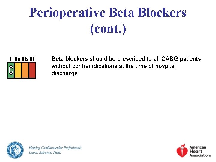 Perioperative Beta Blockers (cont. ) I IIa IIb III Beta blockers should be prescribed Perioperative Beta Blockers (cont. ) I IIa IIb III Beta blockers should be prescribed