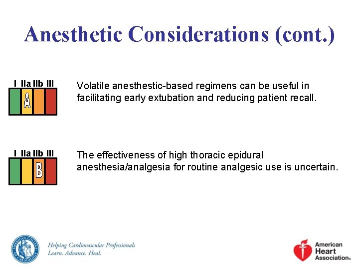 Anesthetic Considerations (cont. ) I IIa IIb III Volatile anesthestic-based regimens can be useful