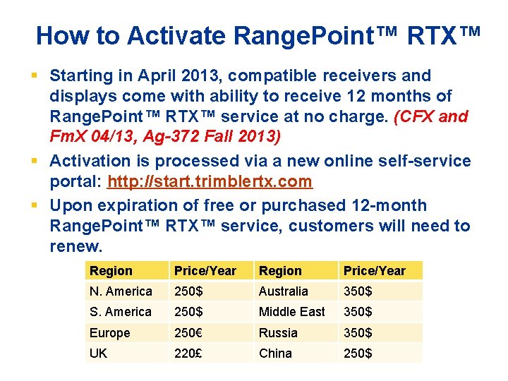How to Activate Range. Point™ RTX™ § Starting in April 2013, compatible receivers and