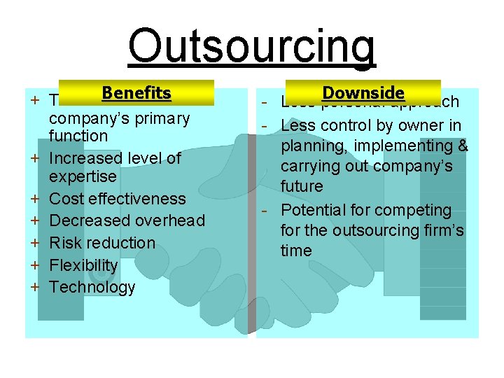 Outsourcing + Time to. Benefits focus on company’s primary function + Increased level of