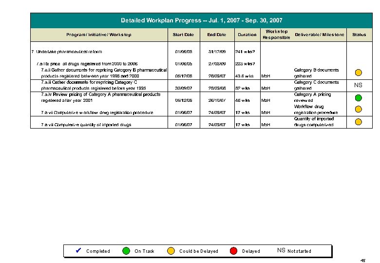 NS Completed On Track Could be Delayed NS Not started 45 